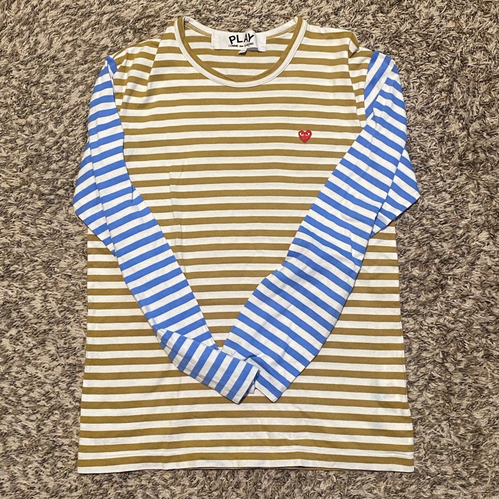 Comme Des Garcons PLAY Little Heart Long Sleeve Striped T-shirt Yellow/Blue